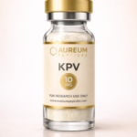 Aureum Peptides KPV 10 mg research peptide vial with gold cap on a neutral background.