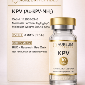 Aureum Peptides KPV (Ac-KPV-NH₂) 10mg research peptide vial with purity and molecular details label