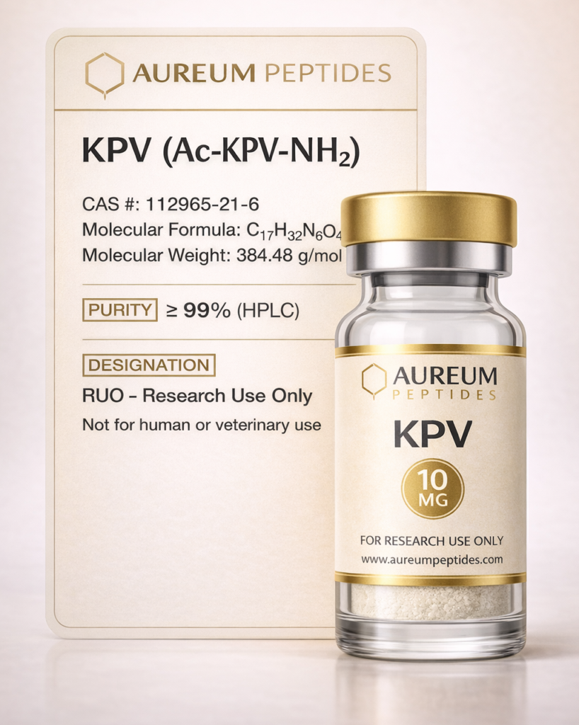 Aureum Peptides KPV (Ac-KPV-NH₂) 10mg research peptide vial with purity and molecular details label