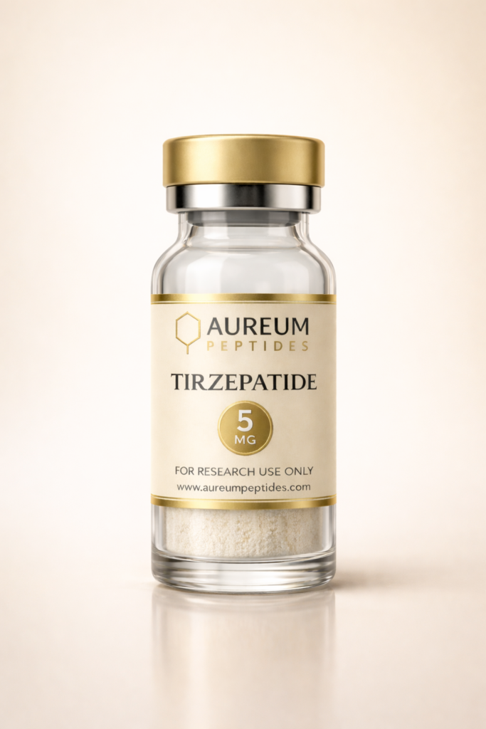 Aureum Peptides Tirzepatide 5mg research peptide vial labeled for laboratory use only